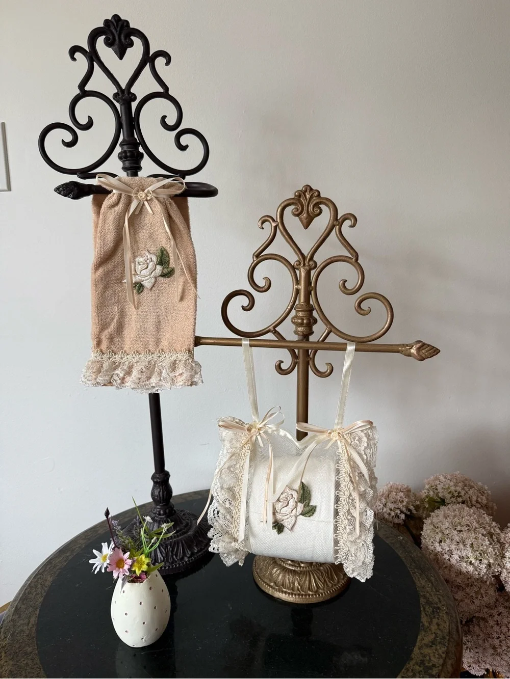 Hand Crafted Beige and Ivory Lace Toilet Paper Sachet & Hand Towel Set